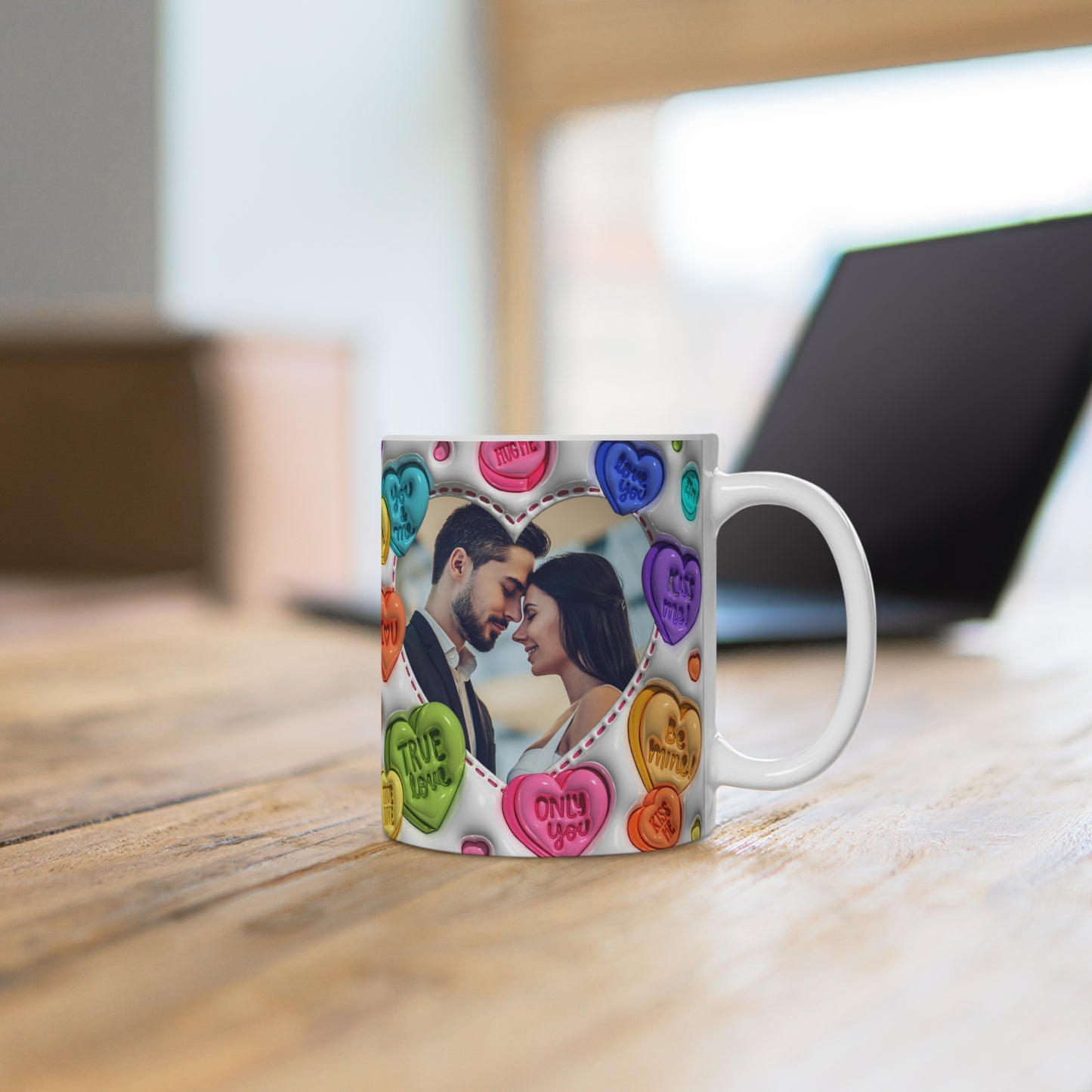 Personalisierbare Tasse – Fototasse mit Bild & buntem Herz-Design – Perfekt für Valentinstag & Liebesgeschenke