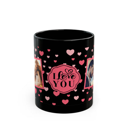 Romantische schwarze Valentinstag-Tasse – mit 2 persönlichen Fotos gestaltbar – "I Love You"-Design