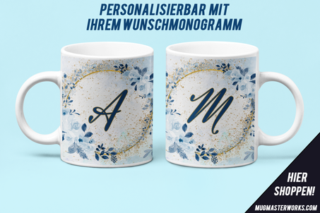 Kaffeebecher mit blauem Blumenmuster und Ihrem Wunschmonogramm