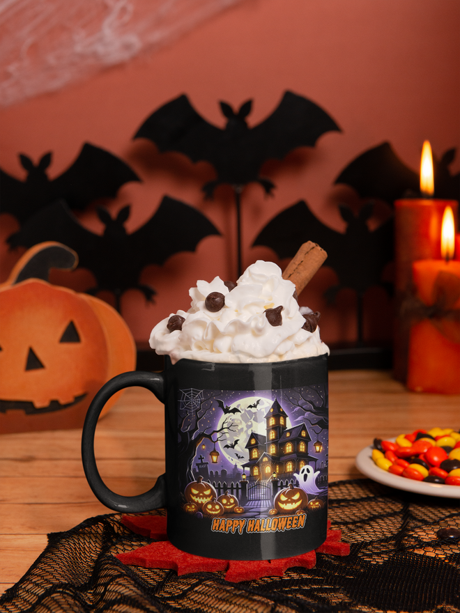 Schwarze Kaffeetasse mit einem Halloween-Design, gefüllt mit heißem Kakao und Schlagsahne, umgeben von gruseligen Dekorationen wie Fledermäusen und Kürbissen.