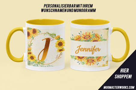 Sonnenblumen Monogramm-Tasse mit Ihrem Wunschnamen