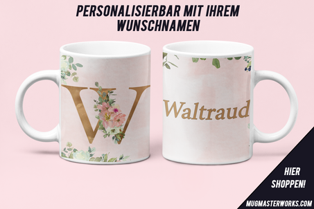 Rosen Monogramm-Tasse mit Ihrem Wunschnamen